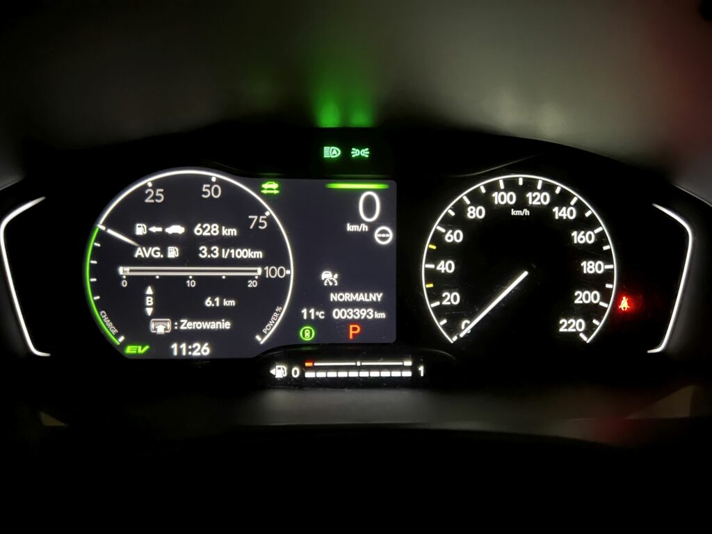 zegary nowej Hondy Civic e:HEV pokazujące średnie zużycie paliwa