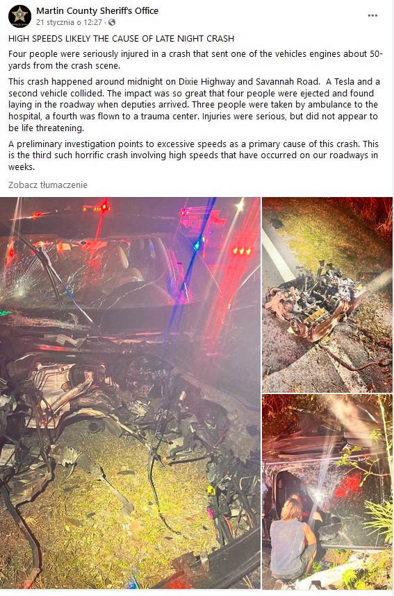 post informujący o wypadku z udziałem Tesli